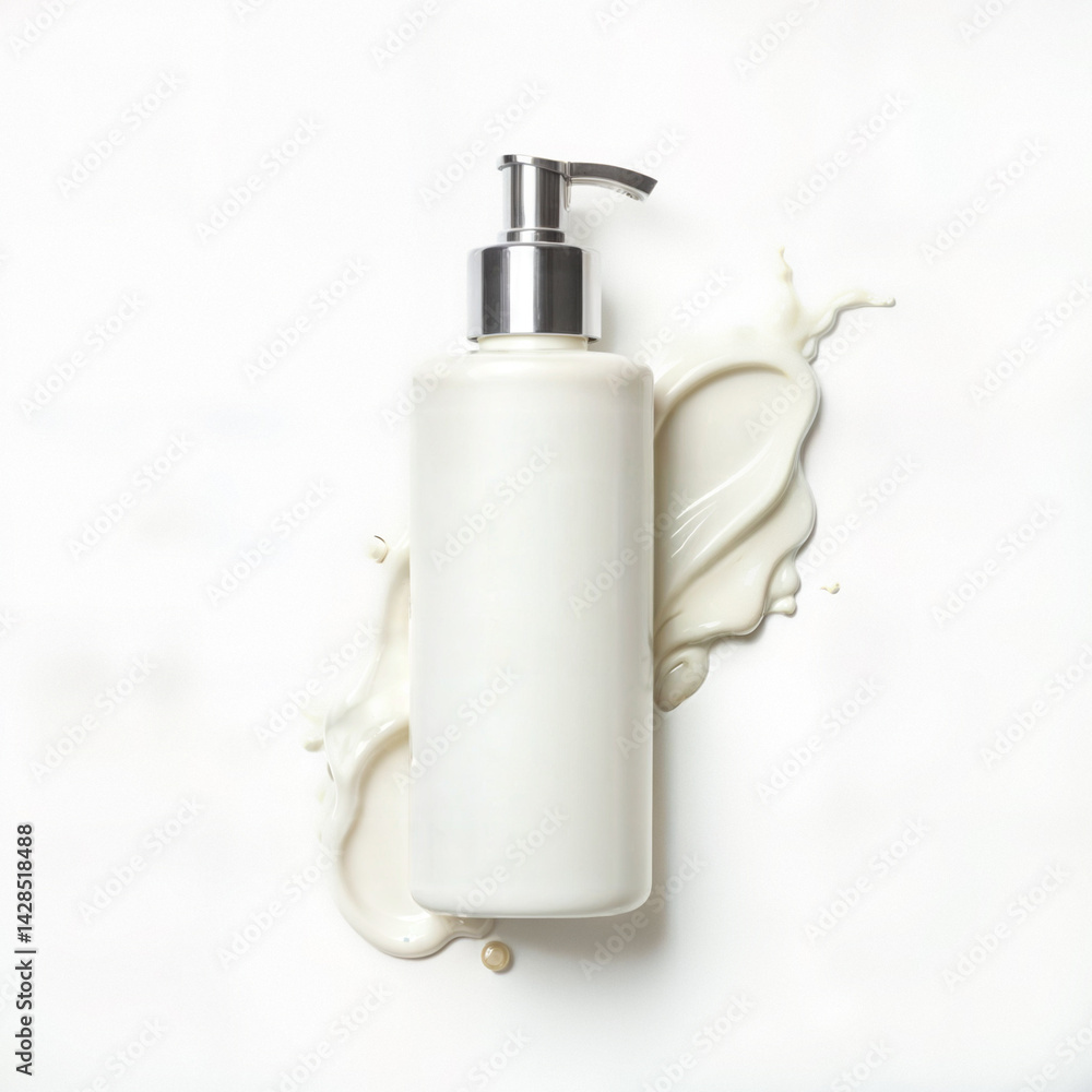 Obraz premium White lotion bottle. Minimalist skincare product pump bottle with creamy lotion splash on white background, perfect for beauty product mockup.