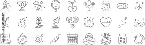 Growth mindset line icon set. Vector pictograms of motivation, education, resilience, student learning, reflection, challenge, progress, development, skills, trophy, thin linear illustration.