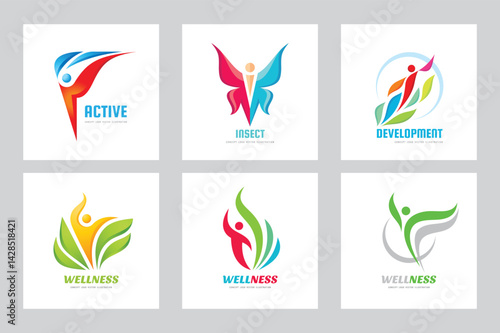 Obraz na płótnie Abstract human character with petals leaves concept logo set graphic design. Positive optimism creative sign. Dance festival symbol. w salonie