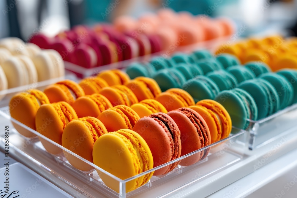 Colorful Macarons Displayed in a Clear Acrylic Tray