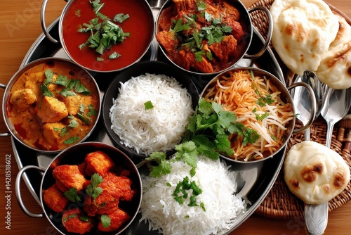 Obraz na płótnie Colorful Indian Cuisine Thali with Rice, Bread, and Varied Curries w salonie