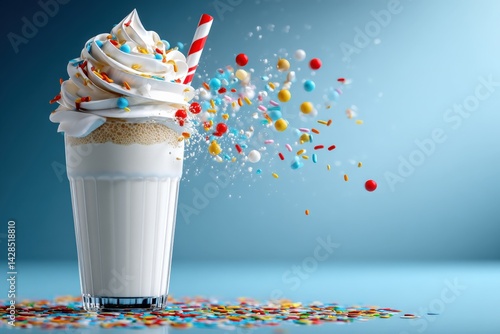 Obraz na płótnie Colorful Milkshake with Whipped Cream and Sprinkles on Blue Background w salonie