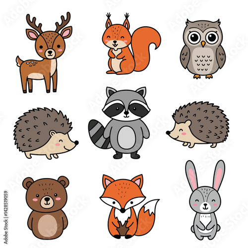 Cute woodland animals vector set featuring deer squirrel owl hedgehog raccoon bear fox and rabbit illustrations for children’s design 