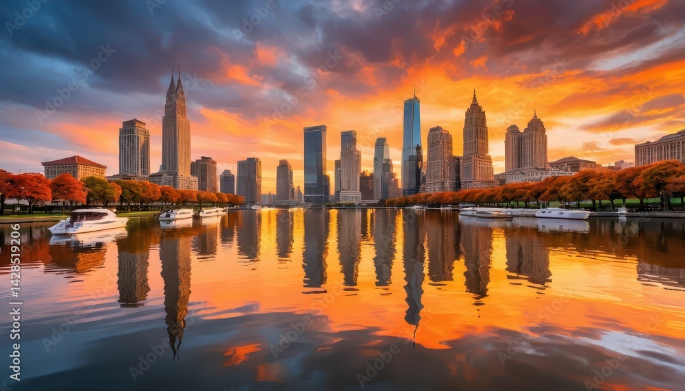 Fototapeta premium Vibrant Sunset Over Calm Lake Reflecting Modern City Skyline with Autumn Trees and Gently Floating Boats Creating a Serene Nature Scene