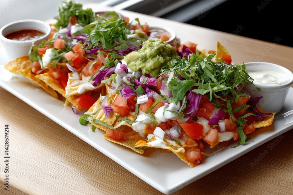 Colorful Plate of Nachos Topped with Fresh Ingredients and Dips