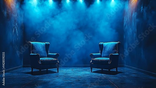 Empty room, blue smoke, armchairs