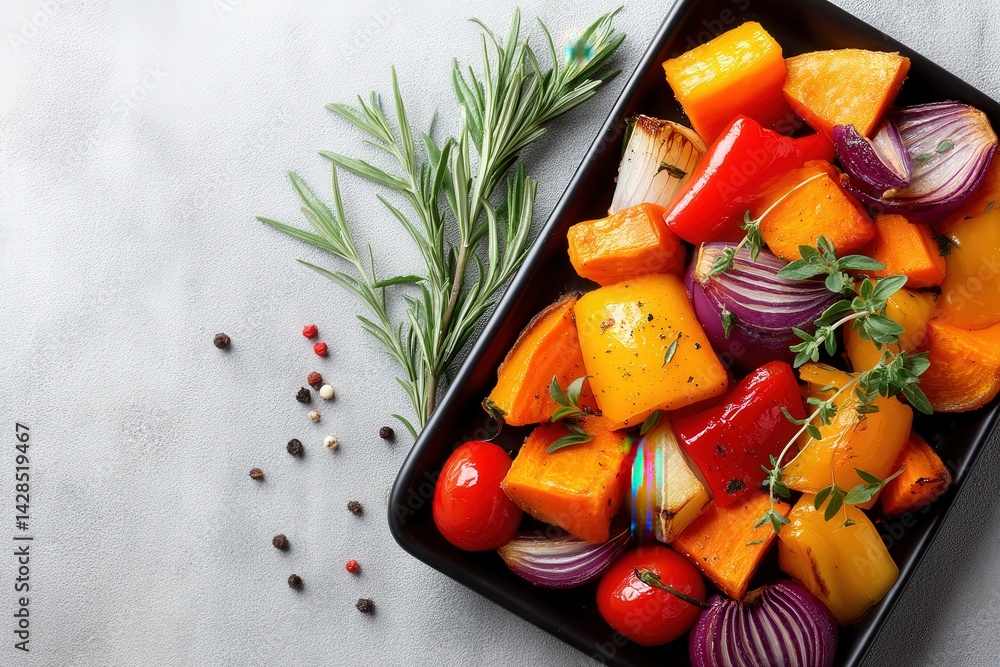 Colorful Roasted Vegetables with Fresh Herbs on Slate Background