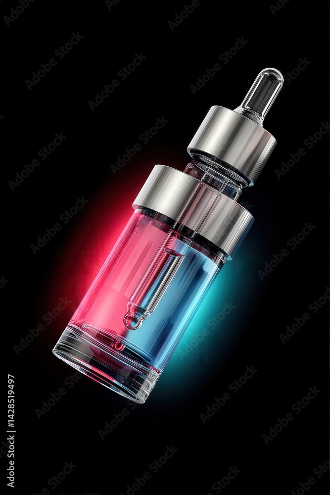 Colorful Serum Bottle with Dropper, Isolated on Black Background
