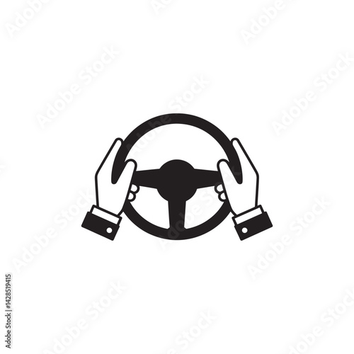 Black and White Silhouette of Hands Holding a Steering Wheel Representing Safe Driving, Vehicle Control, and Road Safety Editable Vector Illustration Isolated on a White Background