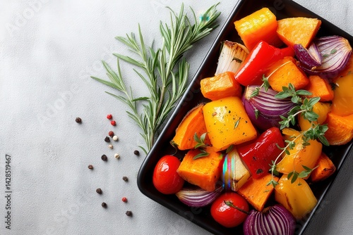 Obraz na płótnie Colorful Roasted Vegetables with Fresh Herbs on Slate Background w salonie