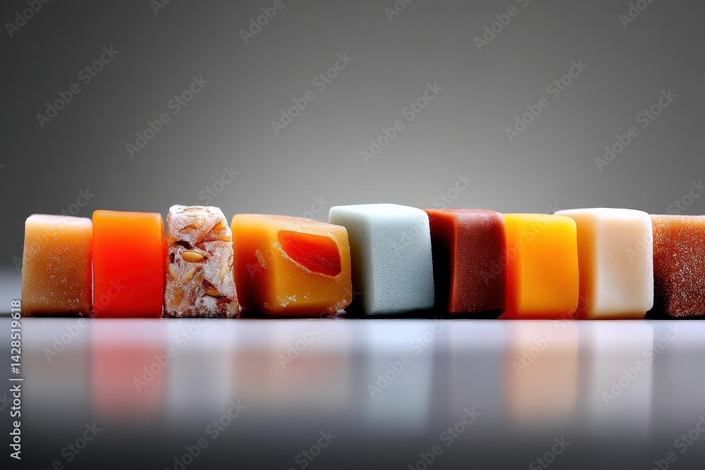 Colorful Soap Pieces Arranged in a Line on a Gray Background