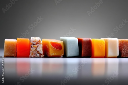 Obraz na płótnie Colorful Soap Pieces Arranged in a Line on a Gray Background w salonie
