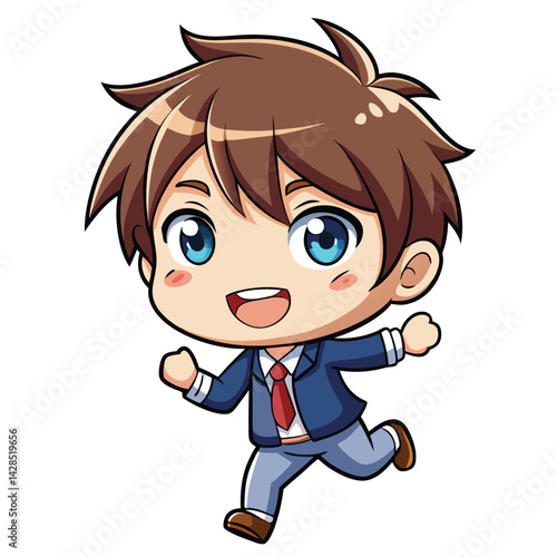 Happy anime boy running in formal wear