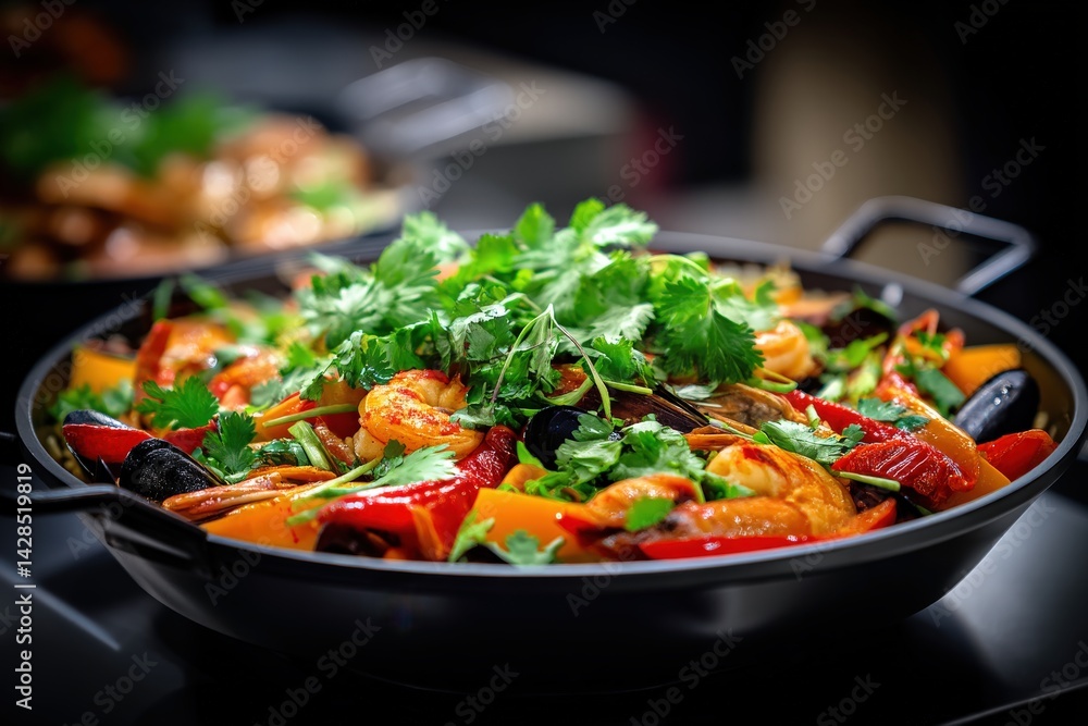Colorful Seafood Dish with Shrimp and Vegetables in a Black Pan