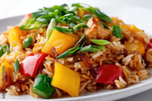 Obraz na płótnie Colorful Stir-Fried Rice with Vegetables and Chicken Garnished Delight w salonie