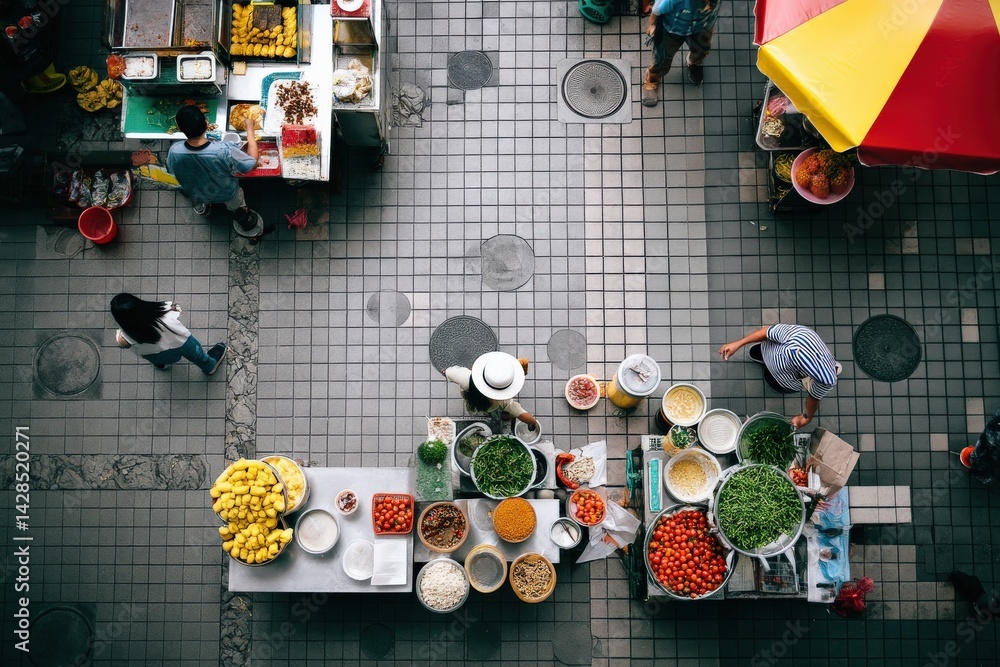Colorful Street Market Scene Featuring Fresh Produce and Spices