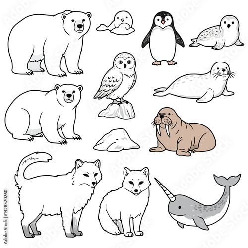 Arctic animals collection with polar bear penguin seal walrus owl narwhal and arctic fox vector illustration 