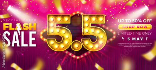 5 May Shopping Day Flash Sale Design with 3d 5.5 Light Bulb Billboard Number and Falling Confetti on Red Background. Vector Special Offer 50 Percent Off Campaign Discount Illustration for Coupon