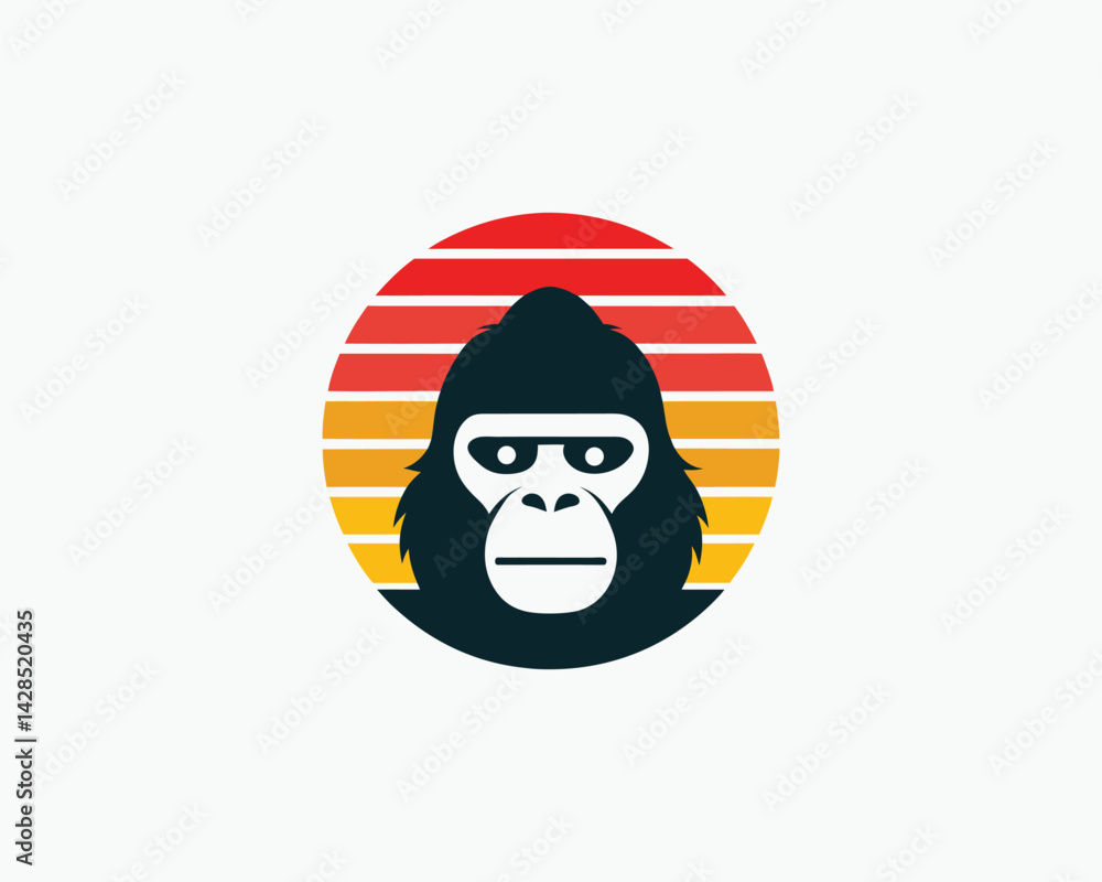 Retro Summer Vibes Featuring a Gorilla Head in a Striped Sunset Design on a White Background Retro Summer Vibes Featuring a Gorilla Head in a Striped Sunset Design on a White Background