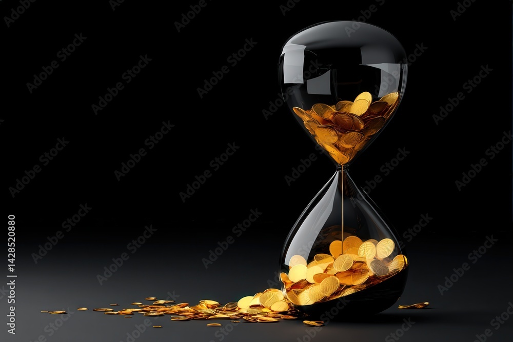 Conceptual hourglass filled with golden coins on dark background