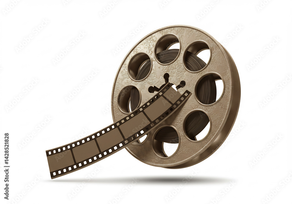 Obraz premium Aged Gold Film Reel with Strip on White Background