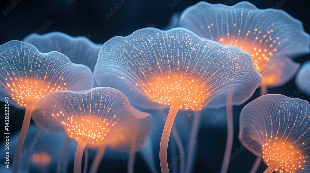 Glowing, translucent fungi-like forms, with intricate details and warm inner light Glowing, translucent fungi-like forms, with intricate details and warm inner light