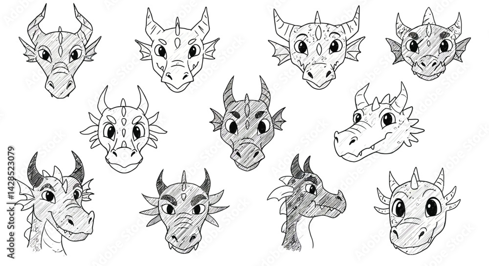 Fototapeta premium Dragon head sketches with various expressions and designs in black and white line art vector illustration 