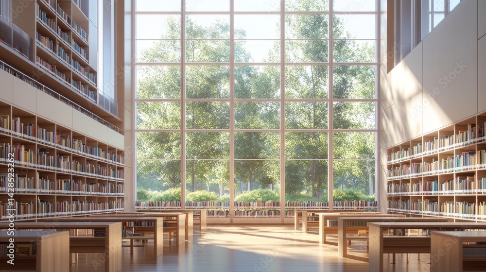 Obraz premium Well-lit library space with a clean, open design and minimalist reading tables beneath tall windows