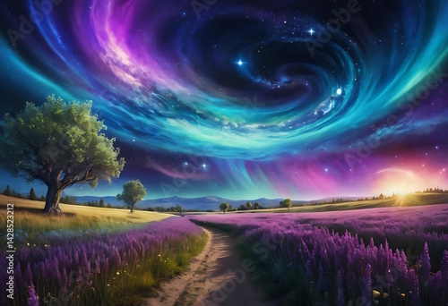 Enchanting Dreamlike Landscape with Vibrant Aurora and Blooming Fields at Night