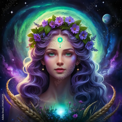 Ethereal Goddess Surrounded by Cosmic Light and Nature Symbols