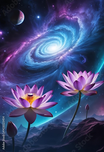 Colorful Lotus Blooms in Mystical Cosmic Space Fantasy Artwork