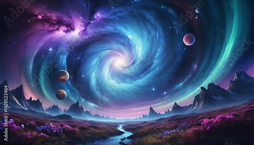 Surreal Alien Landscape Featuring Vibrant Planets and a Cosmic Swirling Sky