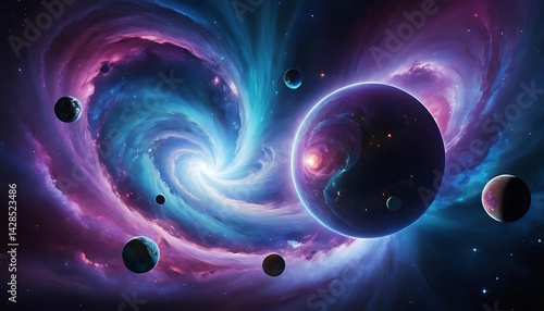 A Stunning Spiral Galaxy Surrounded by Planets in Vibrant Cosmic Colors