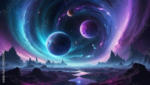 Surreal Alien Landscape Featuring Vibrant Planets and a Cosmic Swirling Sky