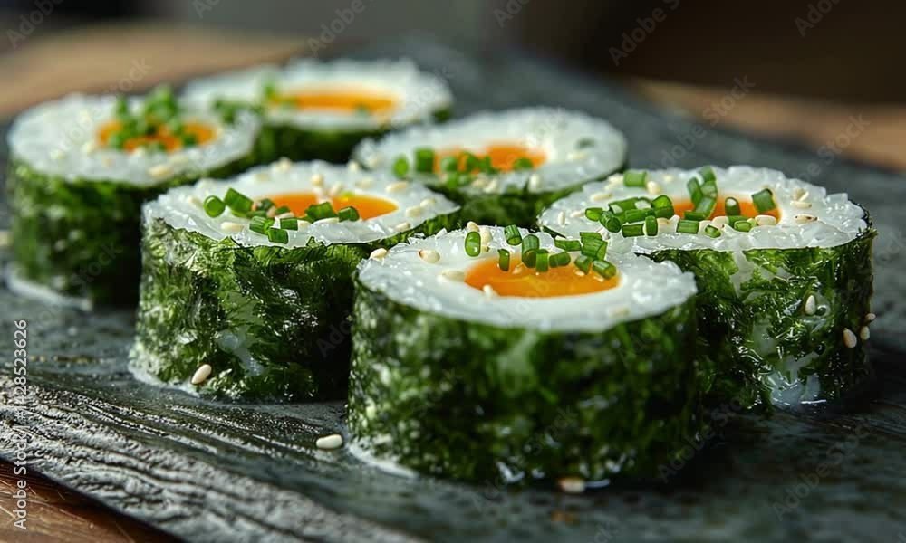 Fresh Sushi Rolls with Egg on a Slate Plate Fresh Sushi Rolls with Egg on a Slate Plate