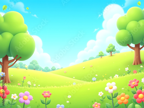 3D cartoon Spring meadow lovely pink flowers 3D natural background