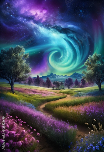 Enchanting Dreamlike Landscape with Vibrant Aurora and Blooming Fields at Night