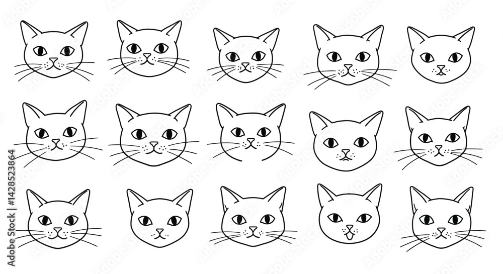 Fototapeta premium Cat Faces Vector Illustration with Various Simple Line Art Expressions in Black and White Style 