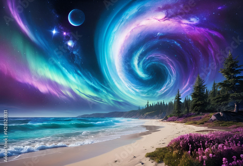 Colorful Night Sky Over a Scenic Coastal Landscape with Flowers
