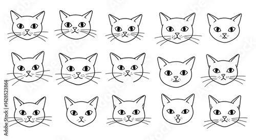 Cat Faces Vector Illustration with Various Simple Line Art Expressions in Black and White Style 