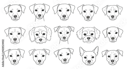 Various dog breeds line art vector illustration with distinct facial expressions for pets and animal lovers 