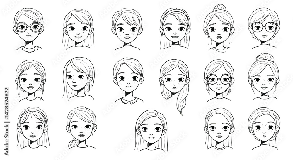Various female faces with different hairstyles and expressions in simple black line art style vector illustration Various female faces with different hairstyles and expressions in simple black line art style vector illustration