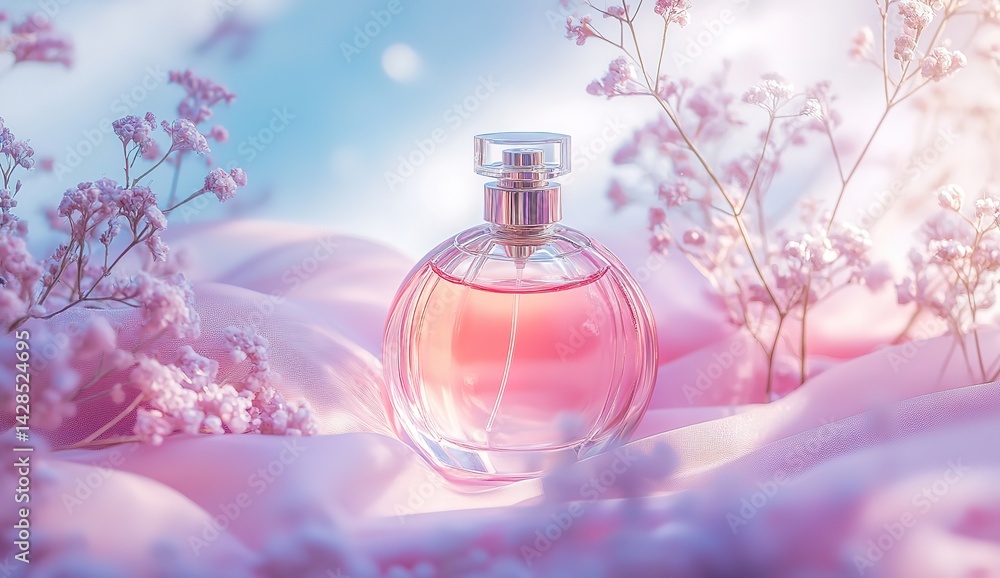 A bottle of perfume is placed on the soft pink and purple silk, surrounded by delicate flowers, with light tones, delicate textures, and light reflection, presenting an elegant atmosphere. A bottle of perfume is placed on the soft pink and purple silk, surrounded by delicate flowers, with light tones, delicate textures, and light reflection, presenting an elegant atmosphere.