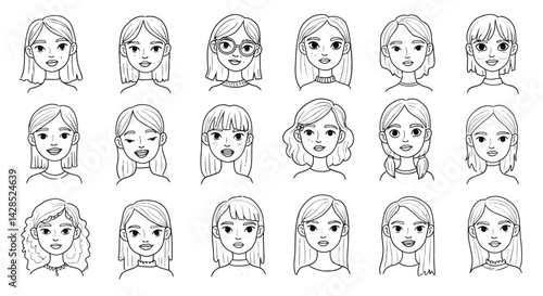 Diverse young women facial expressions line art vector illustration set with various hairstyles and emotions 
