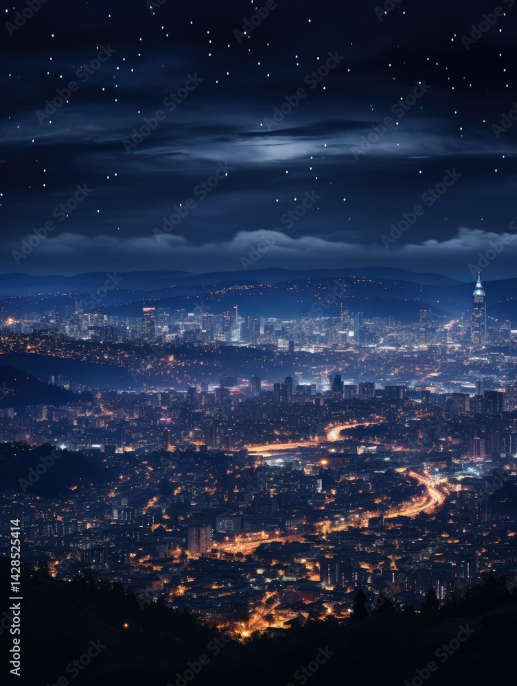 Fototapeta premium A nighttime view of a city skyline illuminated with lights under a starry sky and cloudy atmosphere