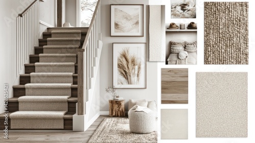 Carpet display Staircase with carpet runner and material samples in cozy home decor