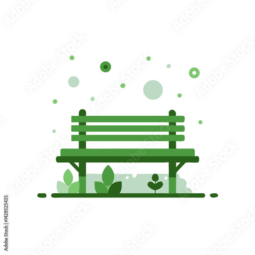 Park bench icon with foliage in flat green garden style