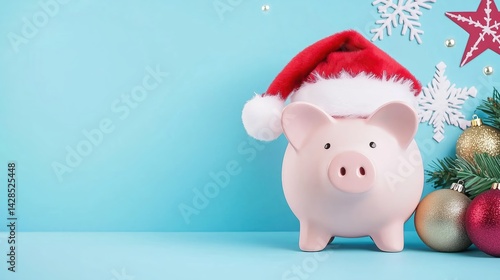 Christmas piggy bank with Santa hat on blue background, festive holiday savings concept with ornaments and snowflakes