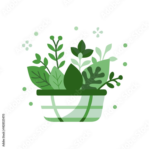 Plant basket with assorted greens in flat green style