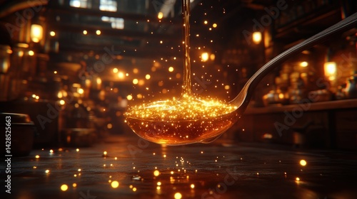 Golden liquid pours into a spoon in a mystical, dimly lit workshop.  Particles of light and gold shimmer around the liquid